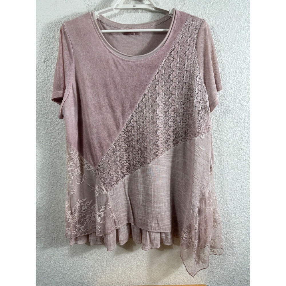 Simply Couture Top Womens 3XL Pink Mauve Lace Ruffle Mixed Media Lagenlook